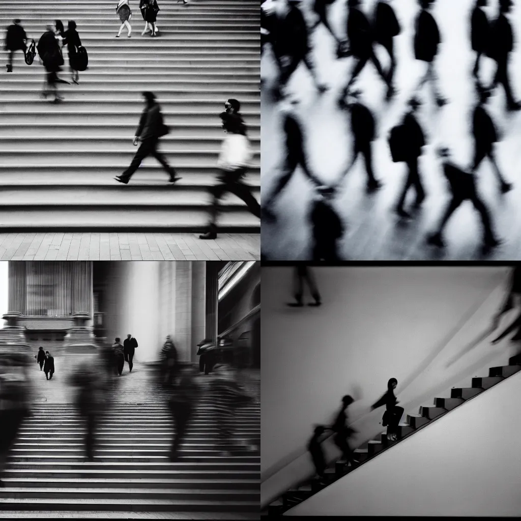 Prompt: multiple people walking up a stair in a city by richard avedon. black and white. ilford delta. long exposure, motion blur.