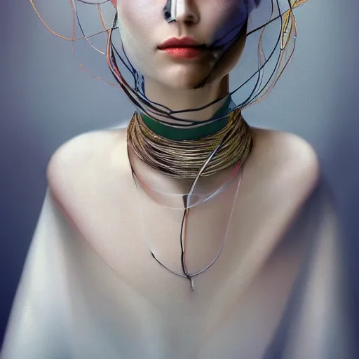 Prompt: a beautiful futuristic portrait with hat made by wires and white gauze twisted around her face, necklace made by wires and black pearl, design by leonardo davinci, inspired by egon schiele, modern art, baroque art, jewelry designer, new classic, hyper realistic, highly detailed, cinematic composition, cinematic lighting, fashion design, concept art, hdri, 4 k -