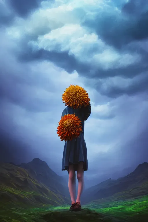 Image similar to closeup perspective, giant dahlia flower as head, girl standing on mountain, surreal photography, blue storm clouds, dramatic light, impressionist painting, digital painting, artstation, simon stalenhag