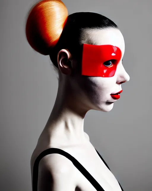 Image similar to symmetrical close - up portrait of a woman wearing a red silicone beauty mask and hair buns, wearing a black bodysuit by alexander mcqueen, cream white background, soft light, biotechnology, humanoide robot, bjork aesthetic, translucent, by rineke dijkstra, masterpiece,