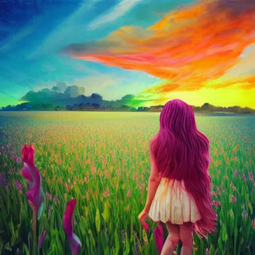 Prompt: giant gladiola flower as head, full body girl standing in a flower field, surreal photography, sunrise, dramatic light, impressionist painting, colorful clouds, digital painting, artstation, simon stalenhag