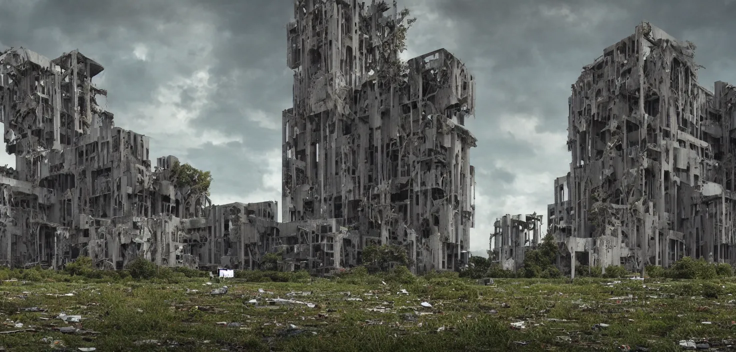 Image similar to an extremely detailed cathedral of brutalist architecture by Le Corbusier, abandoned buildings, empty streetscapes, surrounded by lush green vegetation, stunning volumetric lighting, sunset, rusted metal, concrete, translucent material, stunning skies, scattered rubbish and debris, 8k, photorealistic, hyper detailed, unreal engine 5, IMAX quality, cinematic, epic lighting, digital painting in the style of DOOM and Quake, by Greg Rutkowski, trending on Artstation