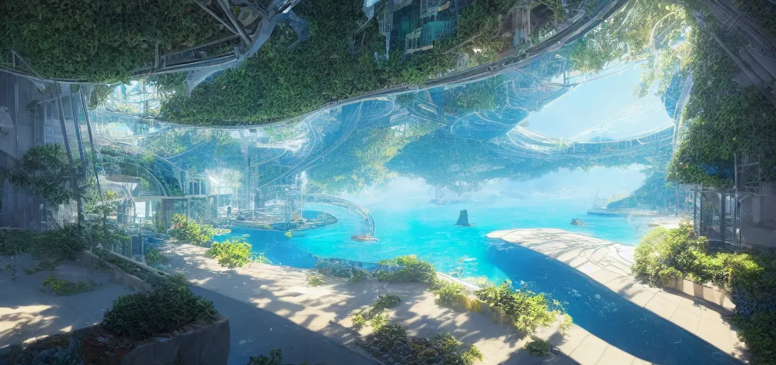 Image similar to view of a utopian solarpunk swimming complex, blue clear skies, waves, caustics, dappled light, cinematic lighting, ultra detailed, sharp, ambient occlusion, raytracing, 3 d artstation render by greg rutowski, finnian macmanus and jessica rossier