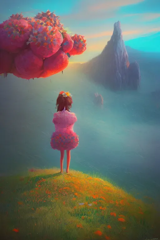 Image similar to closeup, giant flower head, girl standing on cliff, surreal photography, sunrise, blue sky, dramatic light, impressionist painting, digital painting, artstation, simon stalenhag