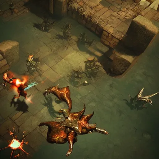 Image similar to “top-down mmorpg in lost ark style with a Minotaur boss being fought by player characters”