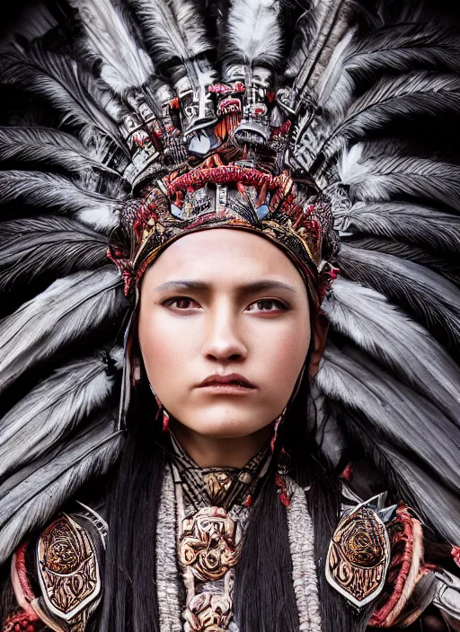 Prompt: hyper detailed image of an Redskin warrior princess wearing a headdress, intricate, elegant, long black hair, hd, 8k, muted colors,