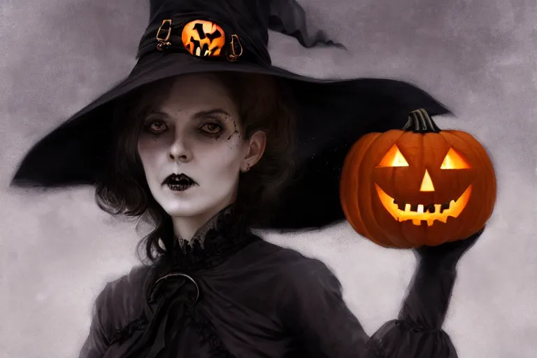 Image similar to portrait of a ghoulish victorian witch holding a jack - o - lantern, halloween night, charlie bowater, artgerm, ilya kuvshinov, krenz cushart, ruan jia, realism, ultra detailed, 8 k resolution