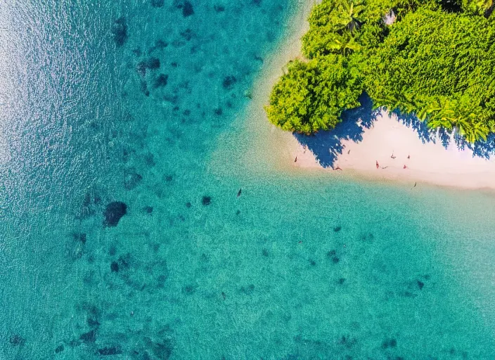 Prompt: aerial view of a beautiful beach with tropical trees, sunny day, cinematic, beautiful light