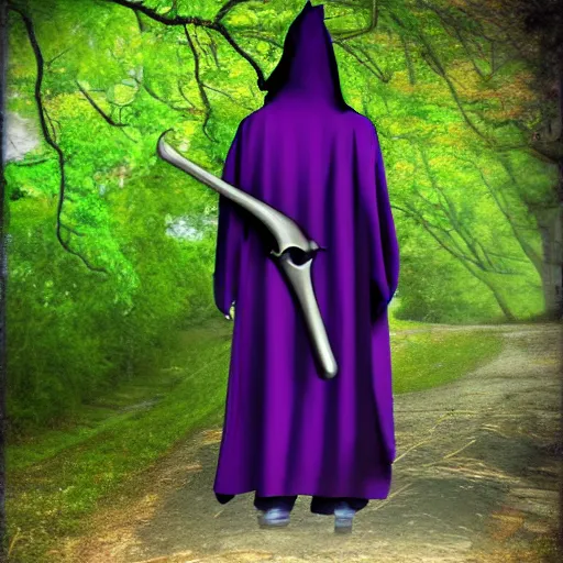 Image similar to grim reaper, purple cloak, full body