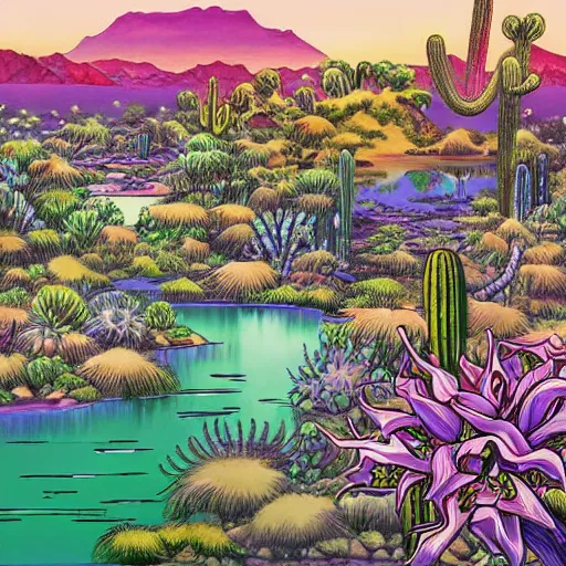 Prompt: a beautiful painting of a desert oasis paradise by hirohiko araki, detailed line art, jojos bizarre adventure