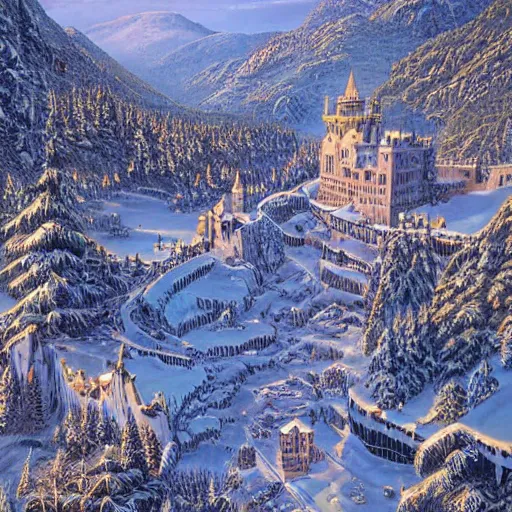 Prompt: An aerial view of a narrow valley in winter, with a tall castle guarding one end, fantasy style, art by Moebius, art by James Gurney, hyper detailed, high quality