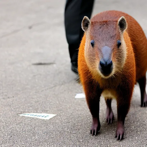 Image similar to a high detail photo of an antropomorphic capybara wearing a suit, subject= duck, subject detail: wearing a suit, photorealism