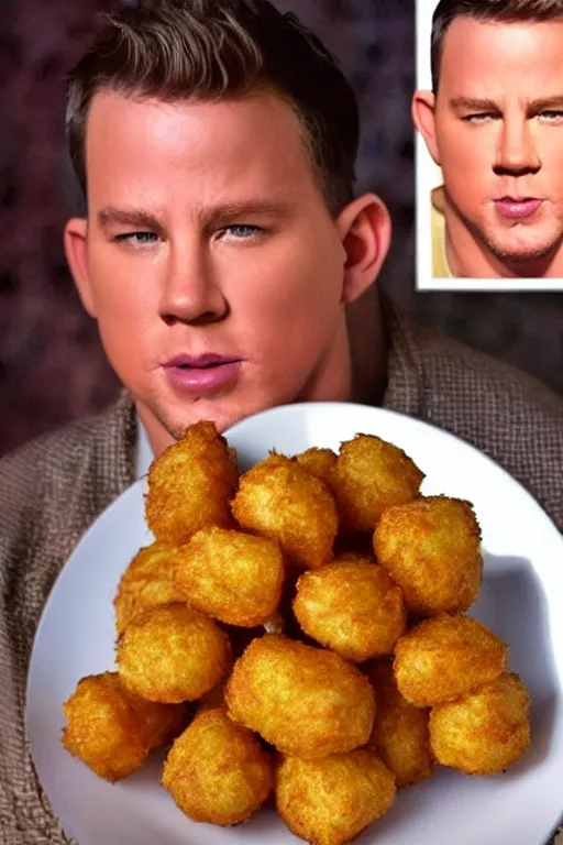 Prompt: a big tater tot on a plate with channing tatum face, channing tatum made out of tater tot, photo