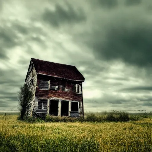 Image similar to old abandoned house in daisy field, cloudy sky, huge cloud, mist, ultra - realiste, cinematic, hd, 8 k