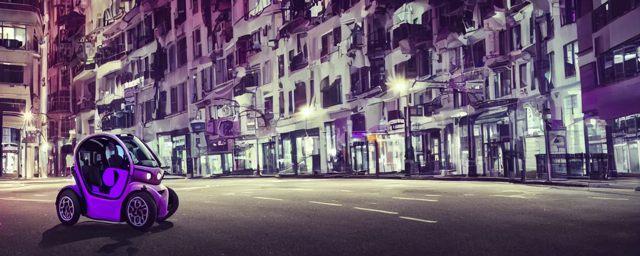 Image similar to Renault Twizy parked on deserted city street at night time purple lighted street retro-wave vibes grainy soft motion blur, cinematic, low wide angle shot