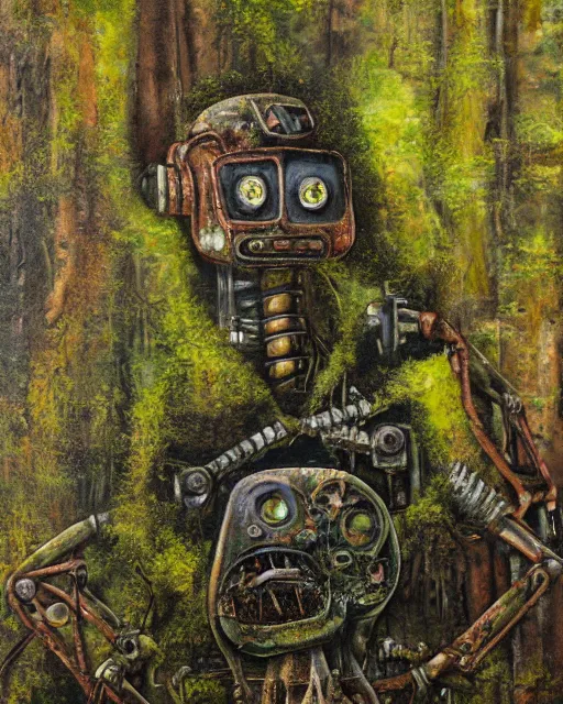 Image similar to detailed oil painting of a decayed, rusty, robot, covered in moss, in a forest, painted by Greg Rukowtski, sunlight