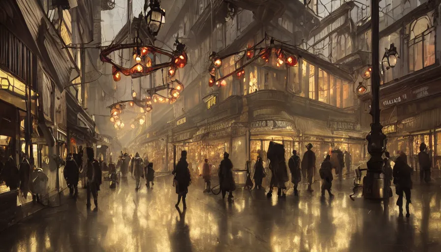 Image similar to Antique store in a Dieselpunk city, shopping street, shopwindows, light, shadows, reflections, steam, epic composition, intricate, elegant, volumetric lighting, digital painting, highly detailed, artstation, sharp focus, illustration, concept art, ruan jia, steve mccurry