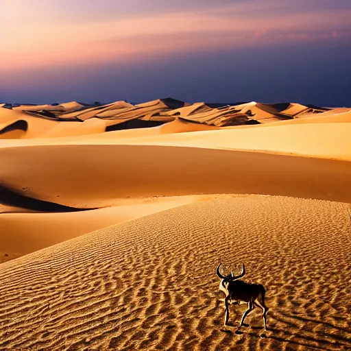 Prompt: golden oryx walks in the desert against the backdrop of a large sand dune, dawn,