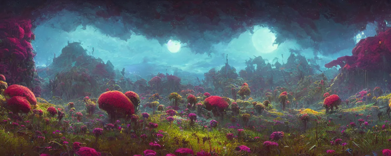 Image similar to ” outer planet overgrown with wild flowers, [ art by paul lehr, cinematic, detailed, epic, widescreen, opening, establishing, mattepainting, photorealistic, realistic textures, octane render ] ”