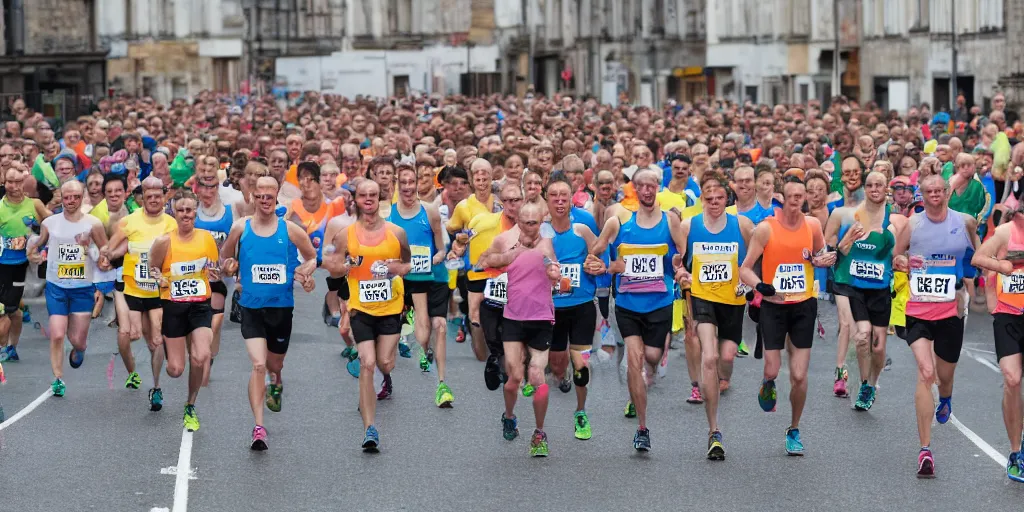 Prompt: photograph of long row of marathon runners, start line, advertising campaign, muted colours, studio backdrop, diverse people