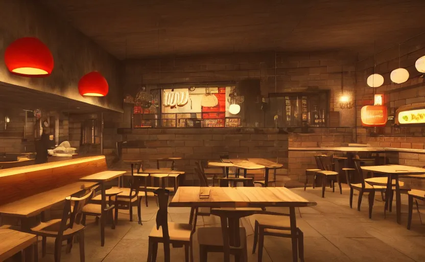 Prompt: a small cozy ramen restaurant at night, trending on cgsociety, unreal engine, 4 k wallpaper