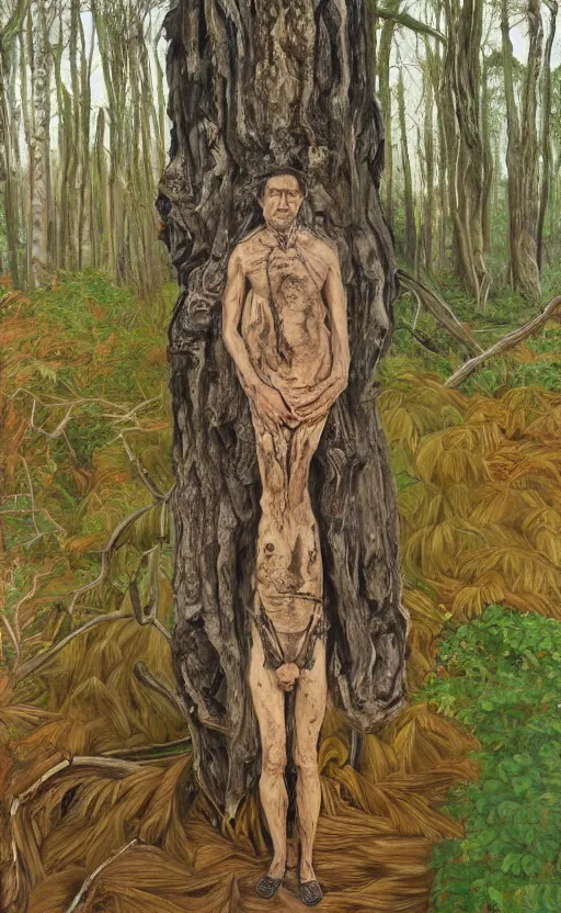 Image similar to full shot picture of indigenous leader standing in the forest, painted by lucian freud, hd, super detailed, amazing, realistic lighting