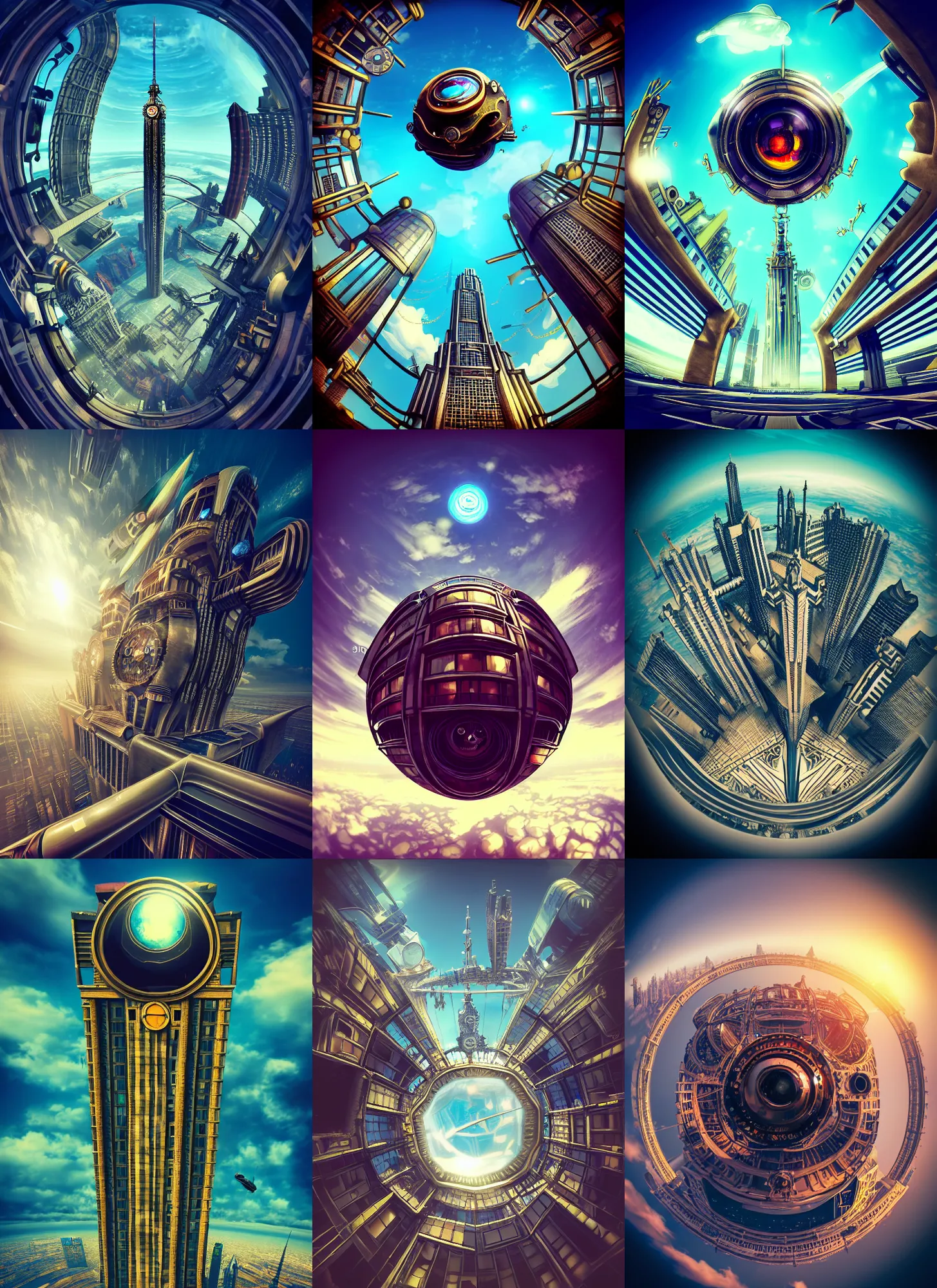 Prompt: surrealistic fish eye view of retrofuturistic art deco skyscraper, metropolis, steampunk flying object in the sky, intricated details, fantasy art, masterpiece, octane, 8 k, artstation