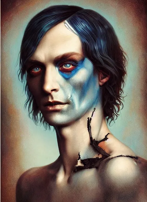 Prompt: an ominous portrait of a burned man with beautiful blue eyes and short brown hair, art by manuel sanjulian and tom bagshaw