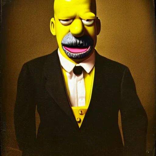 Prompt: tintype photo of real - life homer simpson, painted by mark ryden