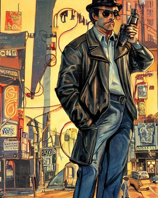 Image similar to detective with gun in leather jacket, los angeles city street, artwork by ralph bakshi