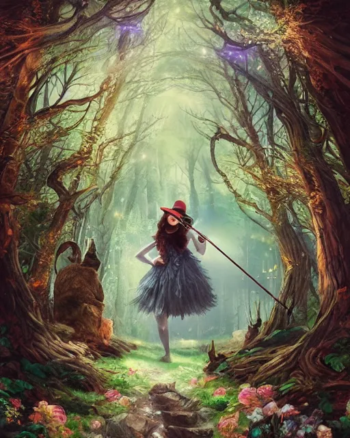 Image similar to Fox playing violin in magical forest, portrait, wearing hat, magical notes, fairy atmosphere, magic the gathering artwork, D&D, fantasy, cinematic lighting, centered, symmetrical, highly detailed, digital painting, artstation, concept art, smooth, sharp focus, illustration, volumetric lighting, epic Composition, 8k, art by Akihiko Yoshida and Greg Rutkowski and Craig Mullins, oil painting, cgsociety