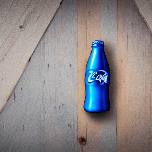 Prompt: a blue CocaCola bottle marketing product photography