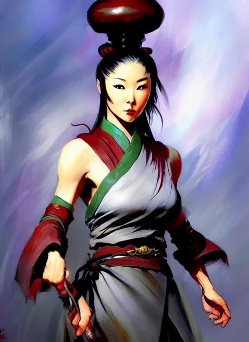 Image similar to magic : the gathering fantasy character concept art by frank frazetta and marco bucci, high resolution. a clear portrait of a stunning female south korean chef, wearing a hanbok apron, holding a kitchen knife, radiating powerful kimchi energy, fantasy coloring, intricate, digital painting, artstation, smooth, sharp focus