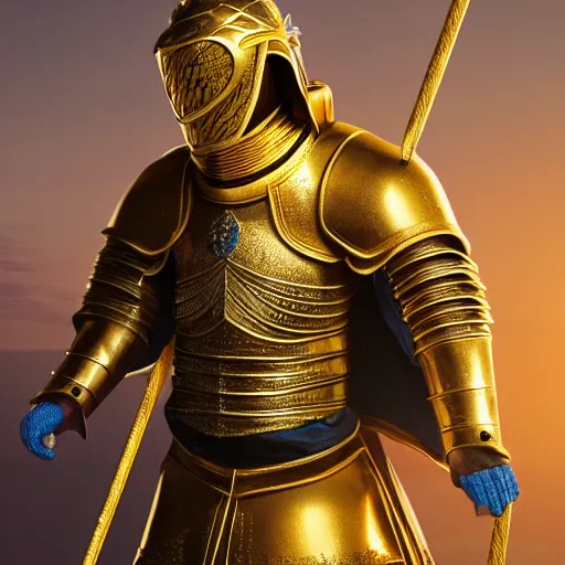 Image similar to a highly detailed knight in a T golden helmet and a golden crown with a blue diamond in the center, golden armor, leather clothes under the armor, leather gloves, holds a black sword, artstation, DeviantArt, professional, octane render, sunset lighting