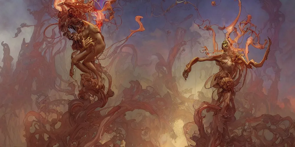Prompt: epic concept illustration of a fungus demon god, by james jean, by thomas blackshear, by artgerm and greg rutkowski and alphonse mucha. uhd, amazing depth, cinematic lighting, glossy wet levitating floating fungus god with arms outstretched.