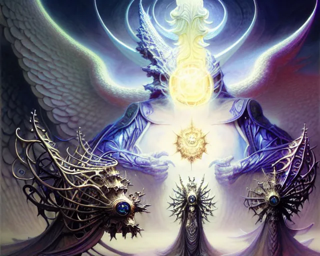 Prompt: the stronghold of white light and angels, fantasy character portrait made of fractals facing each other, ultra realistic, wide angle, intricate details, the fifth element artifacts, highly detailed by peter mohrbacher, hajime sorayama, wayne barlowe, boris vallejo, aaron horkey, gaston bussiere, craig mullins