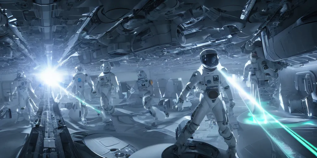 Image similar to futuristic spacemen firing lasers in zero gravity, skintight suits, floating, bright white light, hiding behind obstacles, surrounded by a laser grid, unreal engine, lensflares, low perspective