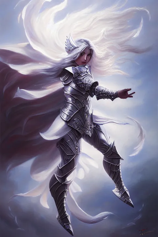 Image similar to oil painting, white, sakimi chan, fantasy armor, detailed face, flying, tony sart, wind, lightning, dramatic lighting