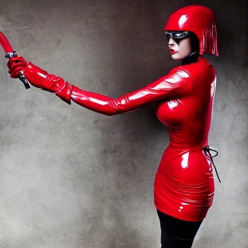Prompt: CYBERPUNK big bust beautiful Claud Monet proportions girl in red latex dress and red latex gloves holding wonderful sword saber