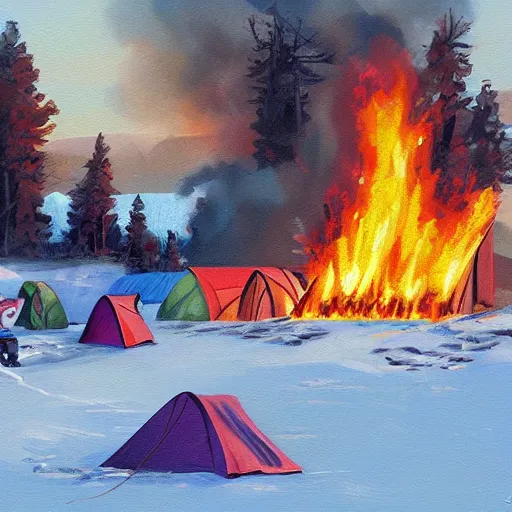 Image similar to a camp with tents on fire, burning down, shadows of 3 girls watching the camp burn, snow, painted by Sylvain Sarrailh