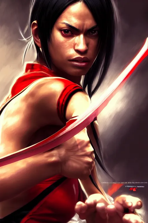 Image similar to Tekken 4 fighter anime Stunning Portrait Rosario Dawson with Karate master uniform, short black hair with a sword on her back in a fighting stance, digital painting, artstation, concept art, soft light, hdri, smooth, sharp focus, illustration, art by tian zi, craig mullins, Mark Arian, WLOP, alphonse mucha