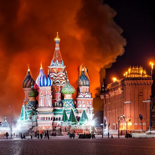 Prompt: high quality image of fire on Red Square in Moscow, highly detailed, 8k, professional photo