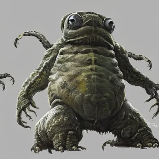 Prompt: realistic painting of a tardigrade kaiju, with 6 legs, by james gurney, smiley, godzilla, vintage, concept art, winner