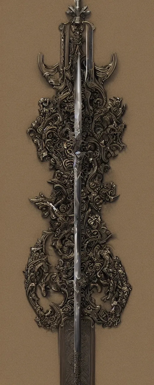 Prompt: sword of justice hanging on a wall, ornate gem in pommel, engraved blade, serrated point, herringbone floor, low angle, museum display, greg rutkowski