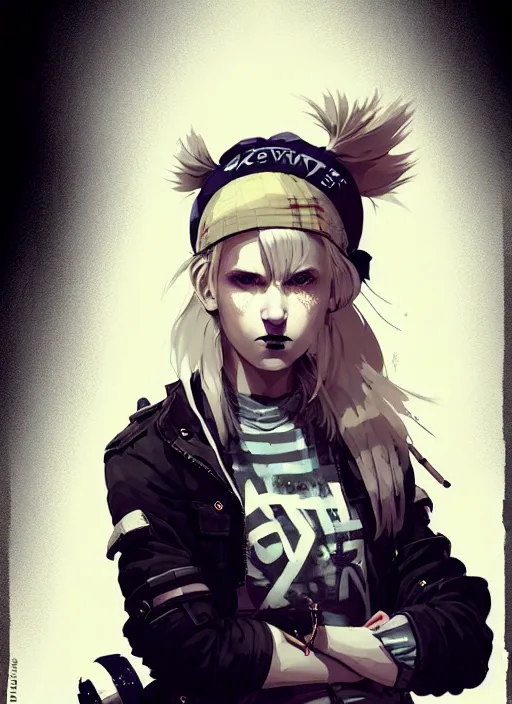 Image similar to highly detailed closeup portrait of a sewer punk swedish female road warrior student, tartan garment, blonde hair pigtails with headband by atey ghailan, by greg rutkowski, by greg tocchini, by james gilleard, by joe fenton, by kaethe butcher, gradient sapphire, black, brown and white color scheme, grunge aesthetic!!! white graffiti tag wall background