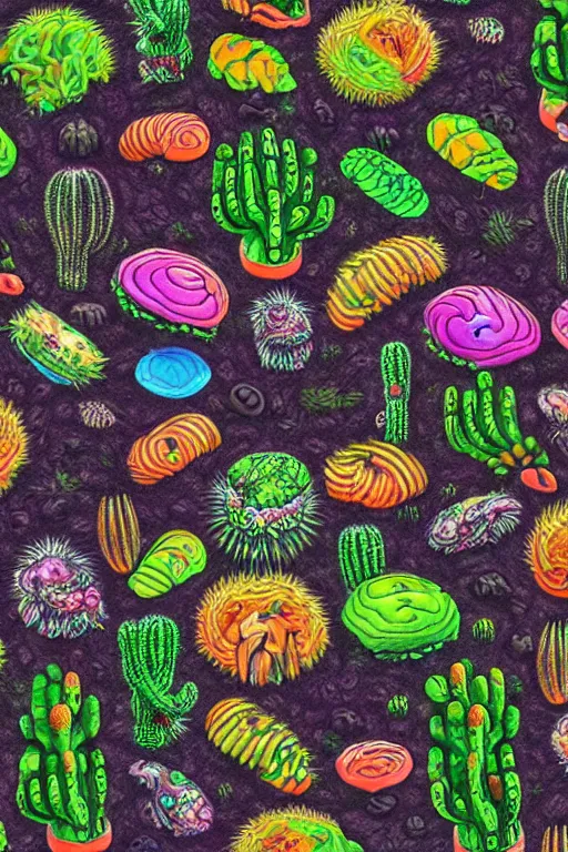 Image similar to creature sushi roots cactus elemental flush of force nature micro world fluo light deepdream