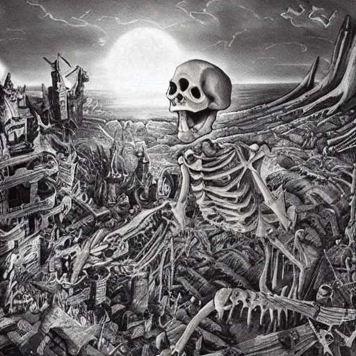 Image similar to Giant skeleton destroying kingdom, detailed art, surrealistic