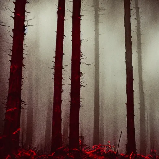 Prompt: a nightmarish creature in a dark forest with tall creepy trees, horrifying, black and red colours, wispy fog, ominous, accented paint strokes, detailed