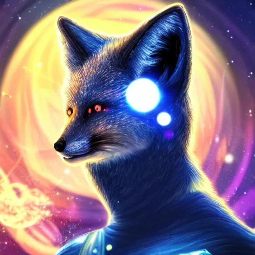 Prompt: a space fox, portrait, sci fi style, modern look, digital art, traveling through time and space, expressive lighting, aura