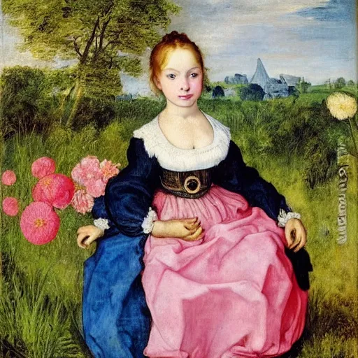 Image similar to by eugene delacroix, by lucas cranach the elder graceful. a conceptual art of a young girl with blonde hair, blue eyes, & a pink dress. she is standing in a meadow with flowers & trees.